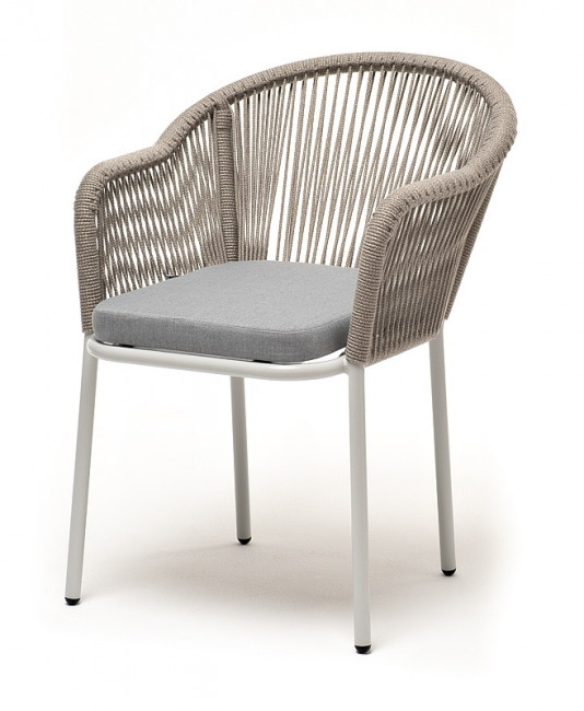 "Лион" стул плетеный из роупа, каркас алюминий светло-серый (RAL7035) муар, роуп серый меланж круглый, ткань светло-серая