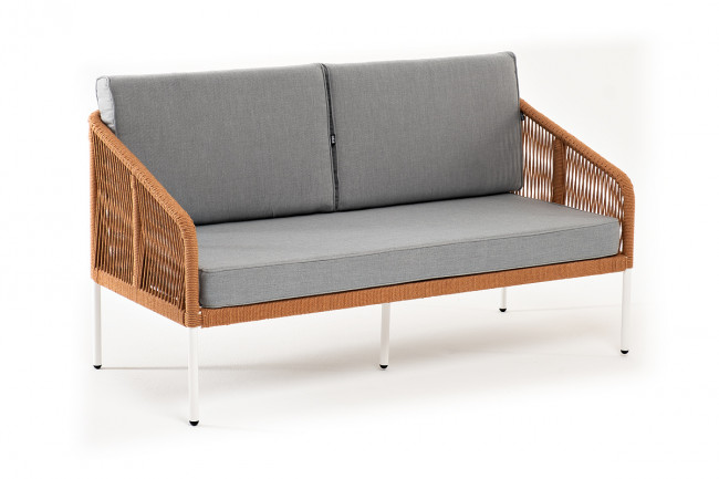 "Канны" диван 2-местный плетеный из роупа, каркас алюминий светло-серый (RAL7035) муар, роуп оранжевый меланж круглый, ткань светло-серая "Канны" диван 2-местный плетеный из роупа, каркас алюминий светло-серый (RAL7035) муар, роуп оранжевый меланж круглый, ткань светло-серая
